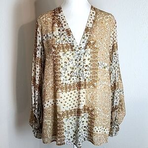 Entro Gold & Beige Floral Patchwork Blouse, Long Lantern Sleeves, Size XL